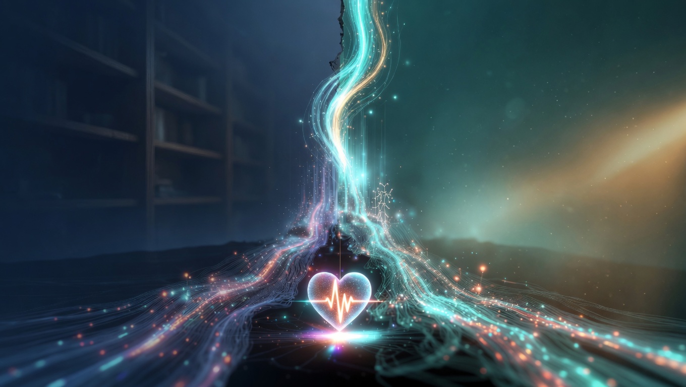 Atmospheric illustration of flowing data streams and a glowing heart with an ECG waveform, with a darkened archive on the left and warm light on the right — visualizing the structural gap between evidence-based medicine and value-based care