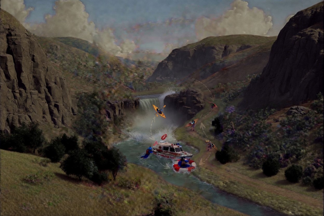 A river canyon with a kayaker going over a waterfall, an ambulance boat waiting in the pool below to rescue them, and rescued figures being carried back up the canyon trail to relaunch into the river. The rescue loop is the visual argument.