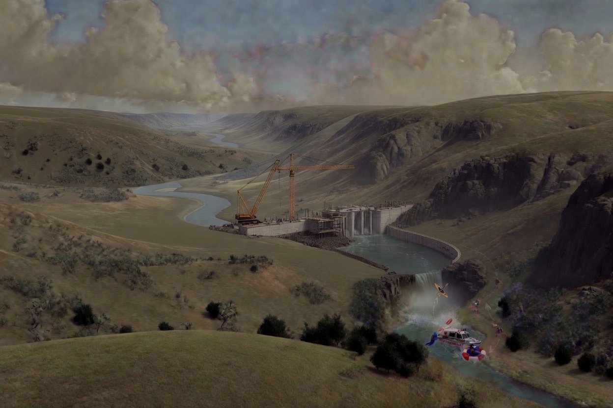 The view has spanned out to show the upstream territory. A dam is under construction in the calm waters far above the rapids, with cranes and scaffolding visible. The original waterfall and rescue scene are now compressed into the bottom-right of the frame, no longer the dominant feature.