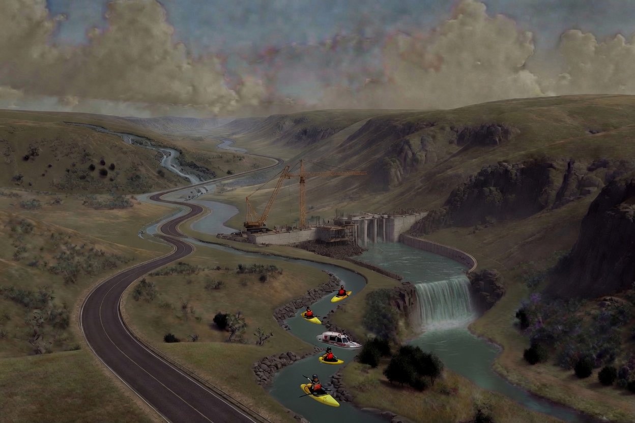 The full navigable waterway with a dam built upstream of the original waterfall, kayakers moving safely along the controlled route