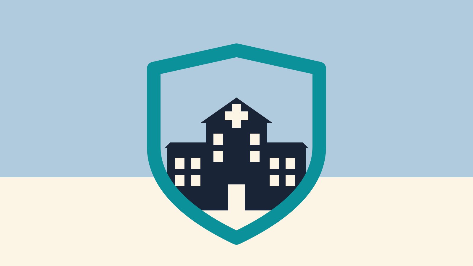 A teal shield enclosing a dark hospital with a medical cross &mdash; the provider-sponsored health plan as an integrated, protected entity.