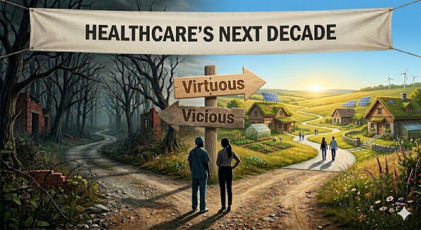 Painterly landscape with a signpost at a fork in the path: 'Virtuous' arrow pointing right toward a sunlit village with solar panels and wind turbines, 'Vicious' arrow pointing left toward a dark forest with bare trees and ruins. Two figures stand at the fork contemplating the choice.